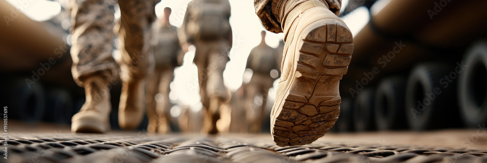 Fototapeta premium Military personnel walking forward on rough, dusty ground with combat boots, highlighting collective movement and the demanding nature of military life