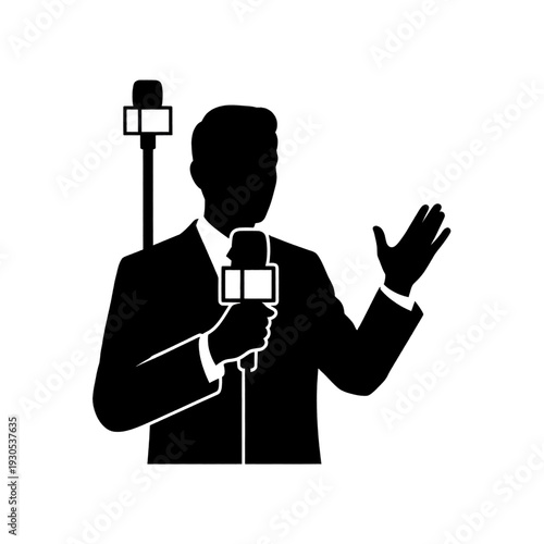 Silhouette of man holding microphone and speaking.