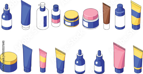 Cosmetic packaging container set with cream jars, lotion bottles, serum droppers, and tube mockups for skincare branding and beauty product design vector illustration.
