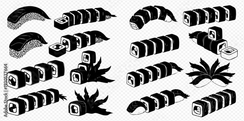 Set of hand-drawn sushi and rolls in black and white, Japanese cuisine elements.