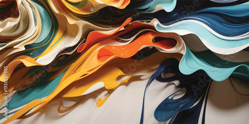 An artistic graffiti painting on a seamless wall features a liquid gold and blue flow with swirl patterns and waves of color that create an elegant light backdrop illustration
