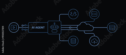 AII agent algorithm workflow with automation programming icons for artificial general intelligence engine system data analysis coding development.