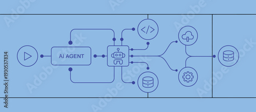 AII agent algorithm workflow with automation programming icons for artificial general intelligence engine system data analysis coding development.