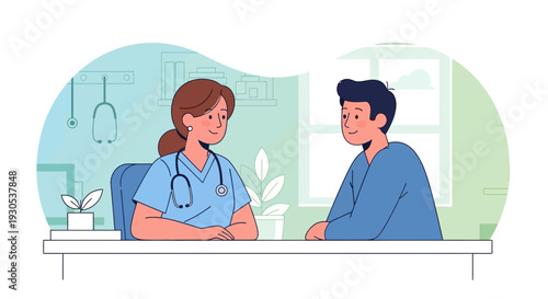 A female doctor in a light blue uniform with a stethoscope around her neck is consulting with a male patient in a doctor's office.
