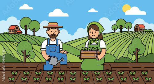 A farmer with a watering can and a farmer with a crate of seedlings in a field with rolling hills and farmhouses.