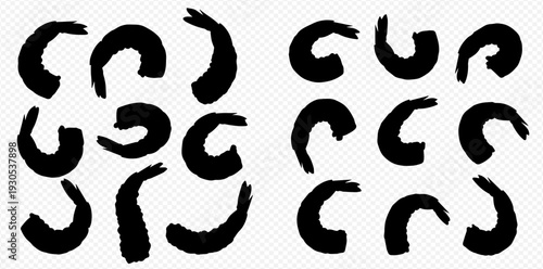 Set of black shrimp silhouettes on a transparent background, perfect for seafood menus or culinary designs.