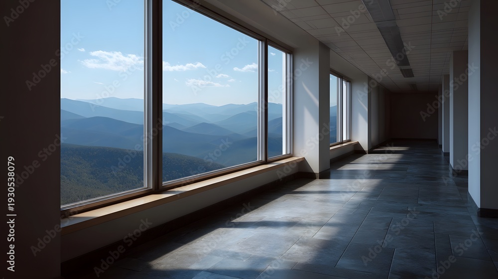 Fototapeta premium Modern office hallway with panoramic offering a serene view of distant blue mountain layers under bright sunlight