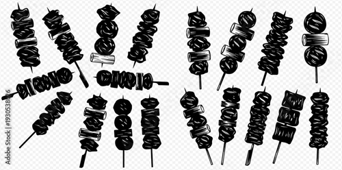 Set of various hand-drawn grilled skewers, including yakitori and shish kebab, in a black and white sketch style on a transparent background.