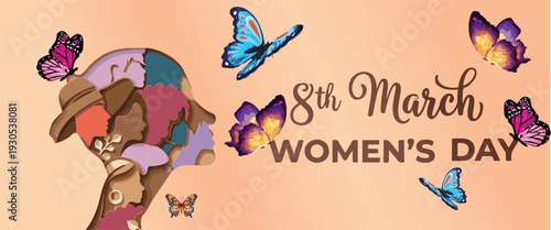 International Women's Day Banner with Diverse Female Profiles, Butterflies, and Calligraphy Text on Peach Background - Vector Illustration