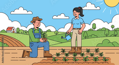 A man and a woman tending to plants in a sunny field, illustrating gardening and agricultural work.