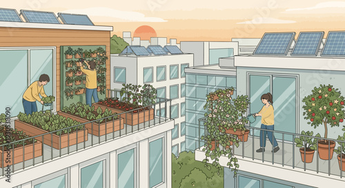 Urban dwellers cultivate a vibrant rooftop garden with vertical planting and solar panels, showcasing sustainable city living.