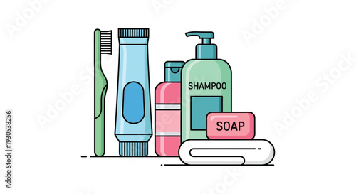 A colorful collection of bathroom essentials including soap shampoo and a toothbrush depicted as a silhouette high quality professional detailed modern