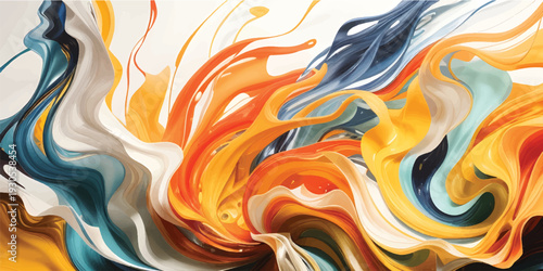 Abstract colorful fire background with golden liquid waves and a digital silk texture features a flowing swirl design of blue and orange metal curves in an artistic wallpaper backdrop