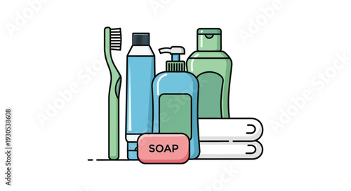 A colorful arrangement of bathroom essentials including soap lotion toothbrush and towels presented as a silhouette high quality professional detailed modern
