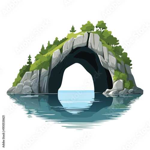 Coastal rock formation arching over water with green vegetation