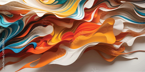 Abstract colorful orange background featuring a 3d liquid metal texture with artistic golden waves and a digital paint swirl design