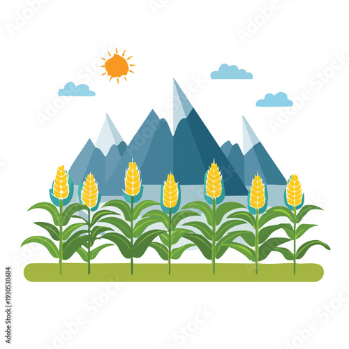 Cartoon illustration of corn crops with mountains and sun