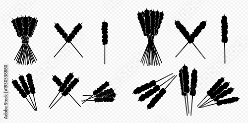 Set of black silhouettes of wheat ears and cattails in various arrangements, isolated on a transparent background.