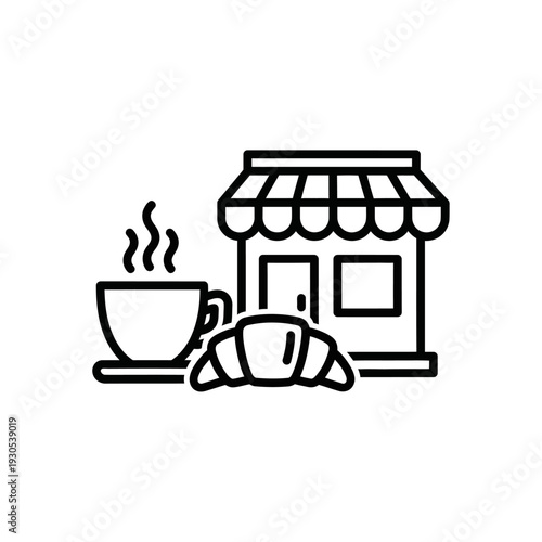 Charming Coffee Shop Exterior Scene with Croissant and Hot Beverage