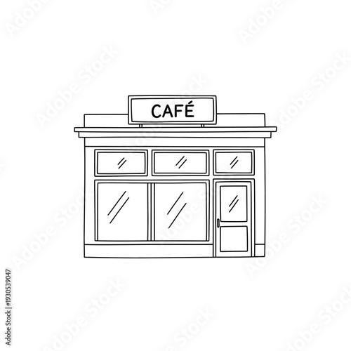 Charming Coffee Shop Front Scene with Large Windows and Signage