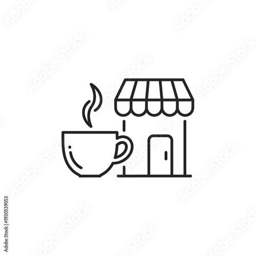 Charming Coffee Shop Scene With Steaming Mug and Storefront Awnings
