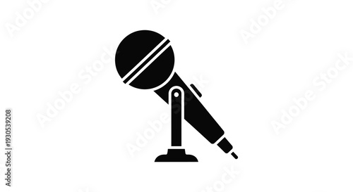 A stark black microphone stands prominently against a white background rendered as a clean silhouette high quality professional detailed modern elegant