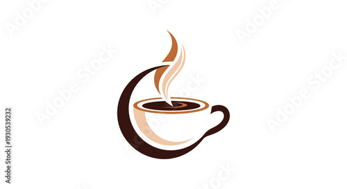 An elegant swirling design of a coffee cup with rising steam presented as a dark silhouette high quality professional detailed modern