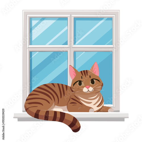 Cartoon tabby cat resting on a windowsill against a window