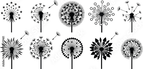Dandelion silhouette collection with blowing seeds and decorative floral shapes for nature, spring, tattoo, and minimalist vector illustration.
