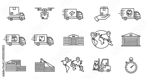 A collection of logistics and delivery icons including trucks warehouses and global shipping silhouette high quality professional detailed modern elegant