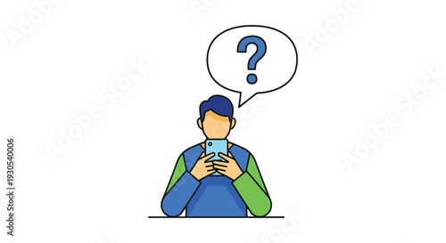 A person using a smartphone with a thought bubble above their head rendered as a flat silhouette high quality professional detailed