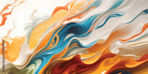 Abstract colorful background of flowing orange and blue liquid waves with a metallic silk texture and wavy gold ripple patterns for a luxury backdrop design