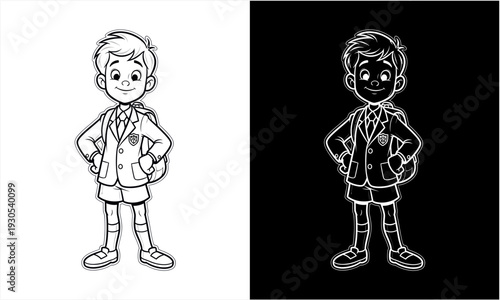 Young boy in school uniform standing confidently with hands on hips.