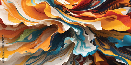 An artistic abstract background features a seamless flow of colorful liquid paint and metallic gold swirls, blending vibrant blue waves with orange fire textures for a liquid marble backdrop design