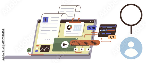 Content creation, web development, online media, technology tools, coding, digital communication. Laptop displaying text, charts code and media elements. Content creation and web development
