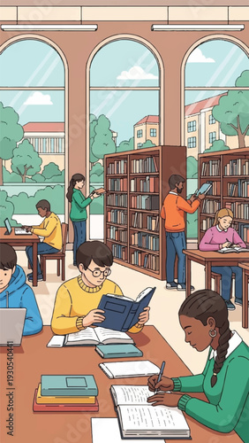 Colorful Library Study Room With Students Reading and Writing Together.