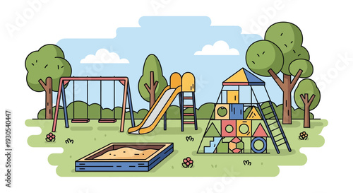 A colorful playground with a swing set slide and playhouse is depicted in a charming silhouette high quality professional detailed modern