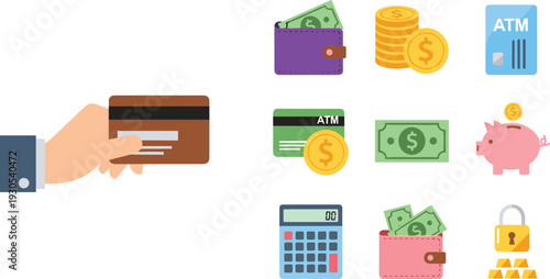 Digital payment and personal finance flat icon set with credit card, wallet, ATM, calculator, coins and piggy bank.
