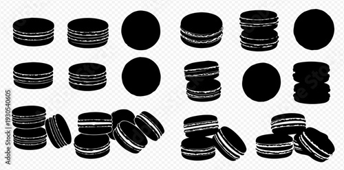 Macaron silhouette set: a collection of sweet cookie icons in various arrangements, perfect for dessert-themed designs.