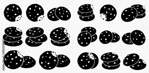 Set of black and white cookie icons, some bitten, some stacked, representing sweet dessert treats.