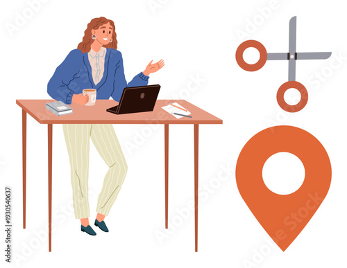 Business strategy, teamwork, remote work, professional development, navigation, creativity. Woman standing at desk with laptop, notebook and cup next to scissors and map pin. Remote work
