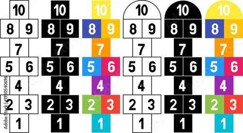 Hopscotch or piggy or lagger icon set.game numbers 1-10 in outline, silhouette,colorful flat,for kids education, math learning materials, playground themes, preschool worksheets, counting practice