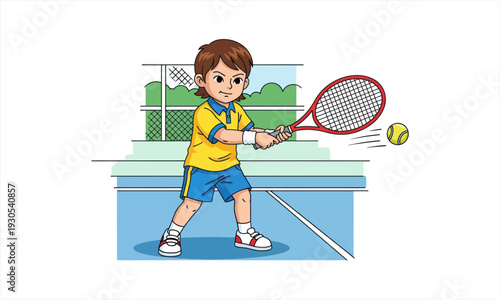 Young boy playing tennis with intense focus and determination.