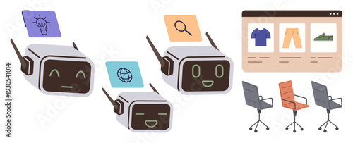 Artificial intelligence, e-commerce, retail automation, online shopping, user interaction, digital tools. Robots with icons and an online store interface. AI and e-commerce concept
