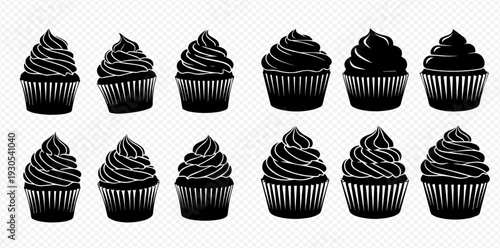 Set of black and white cupcake silhouettes with swirled frosting on a transparent background.