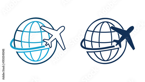 Two variants of global airplane travel icons on white background