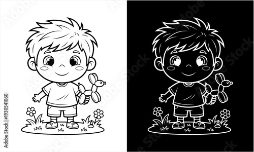 Adorable young boy holding a balloon animal, standing in a field of flowers.