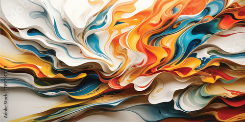 Artistic 3d illustration of a colorful abstract background featuring a seamless flow of liquid gold and blue wavy silk patterns with a vibrant orange swirl texture