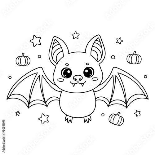 Delightful Cartoon Bat Illustration for Halloween Coloring Book Activities, Featuring Cute Pumpkins and Twinkling Stars in a Simple Line Art Style for Creative Fun