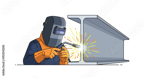 A cartoon illustration depicts a welder working on an i beam showcasing industrial craftsmanship as a silhouette high quality professional detailed modern